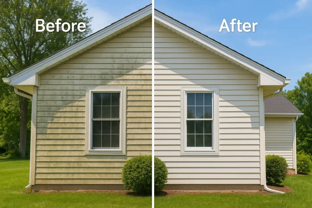 Before and after house washing results on vinyl siding